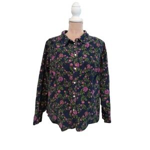 Vtg Basic Editions Womens 1X Floral Corduroy Button Down Shirt Blue Cottagecore